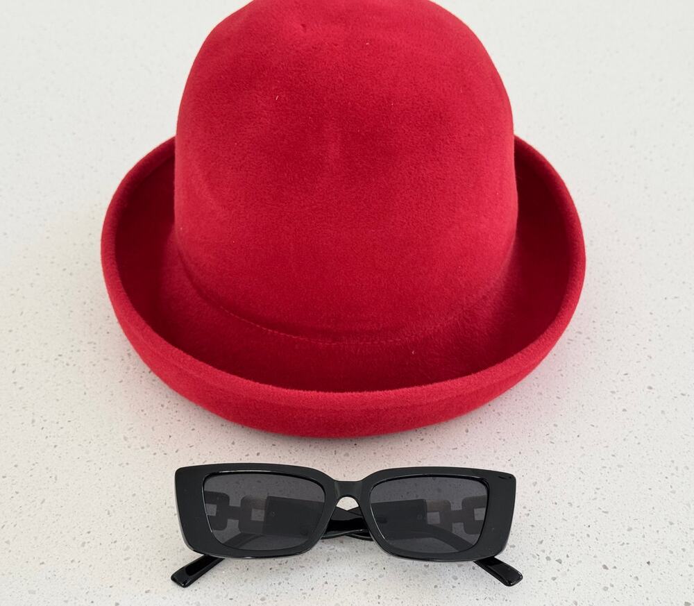 Eric Javits NOS Red Felt Cloche Hat | 1999 | Includes Sunglasses Pictured